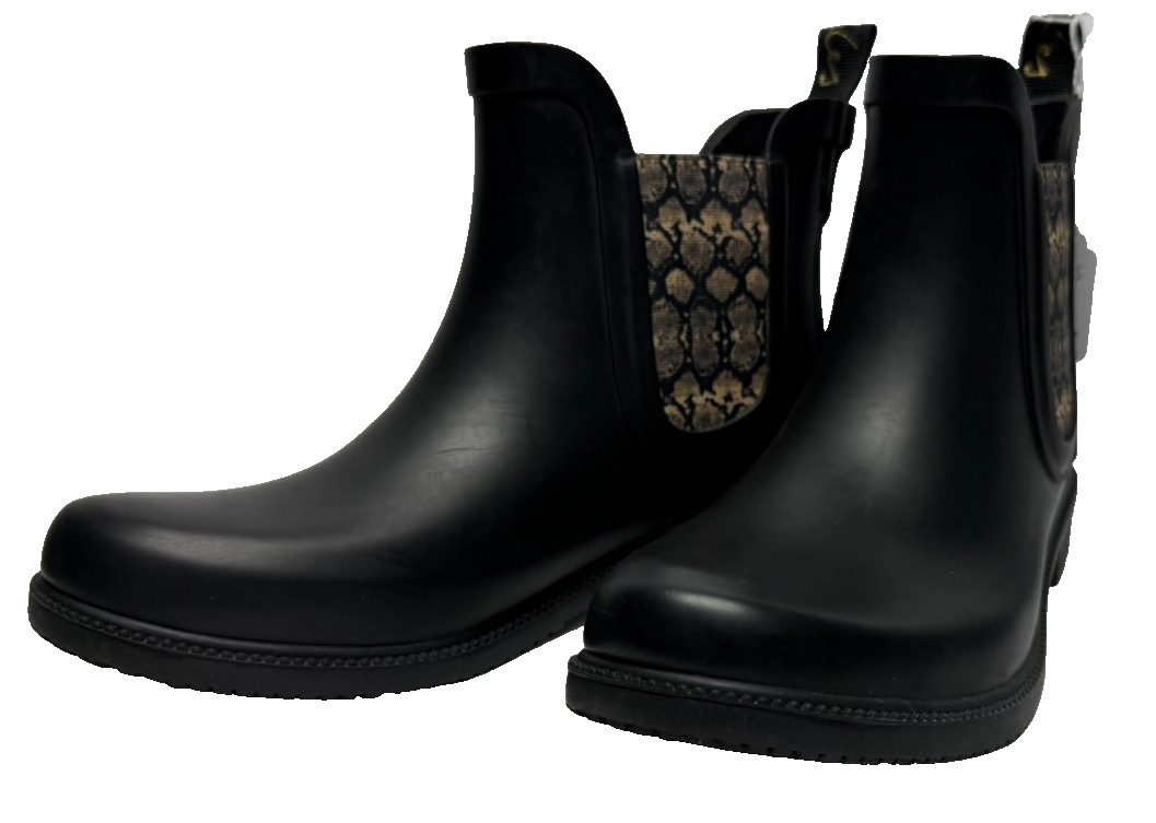 Joules Rutland rubber ankle rain Boots in black with a snakeskin pattern size 6