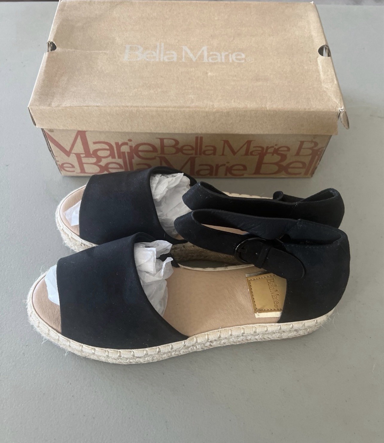 Bella Marie Women’s Black Suede Espadrille Sandals Ankle Strap Buckle 8.5 NIB