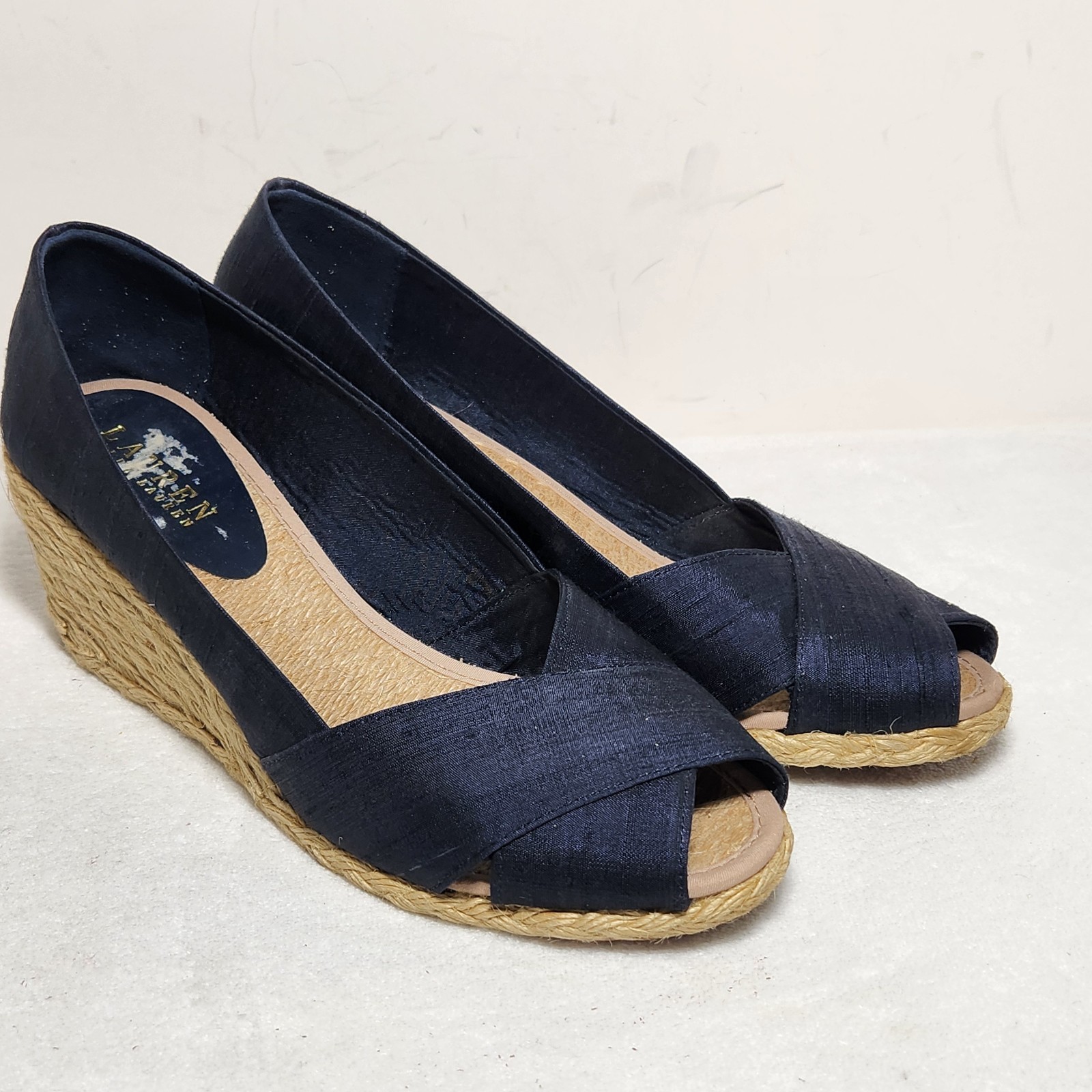 Ralph Lauren Cecilia Shantug Espadrille Wedges Women’s 8.5 Silk Peep Toe Blue