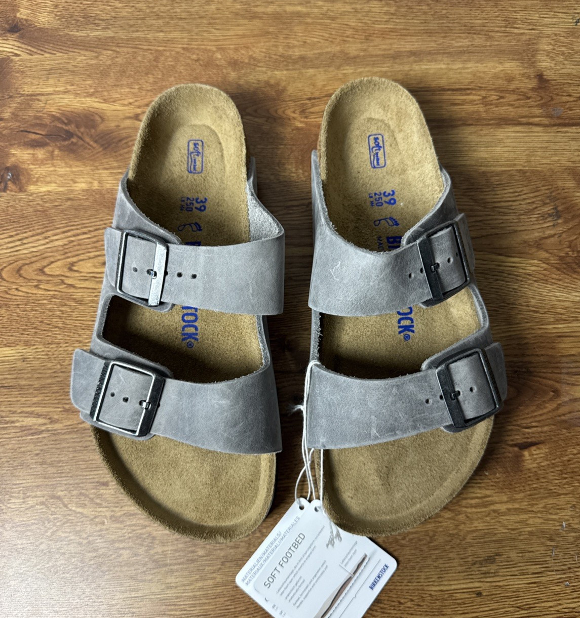 Birkenstock Sandals Unisex Arizona Iron Oiled Leather Slides Soft Footbed M6 W8