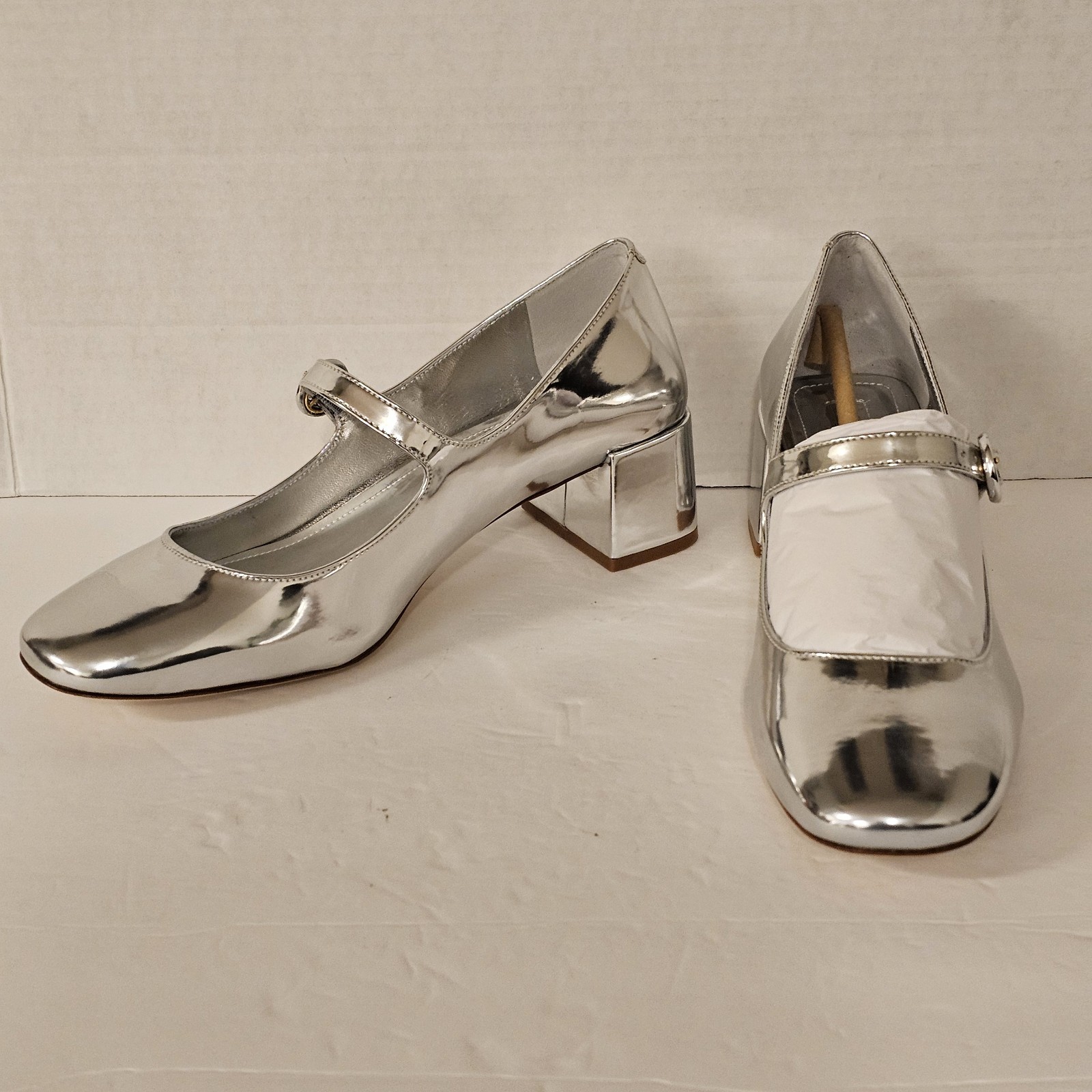 Larroude Blair Block Pump Mary Jane Women’s Mirror Silver Specchio Size 7