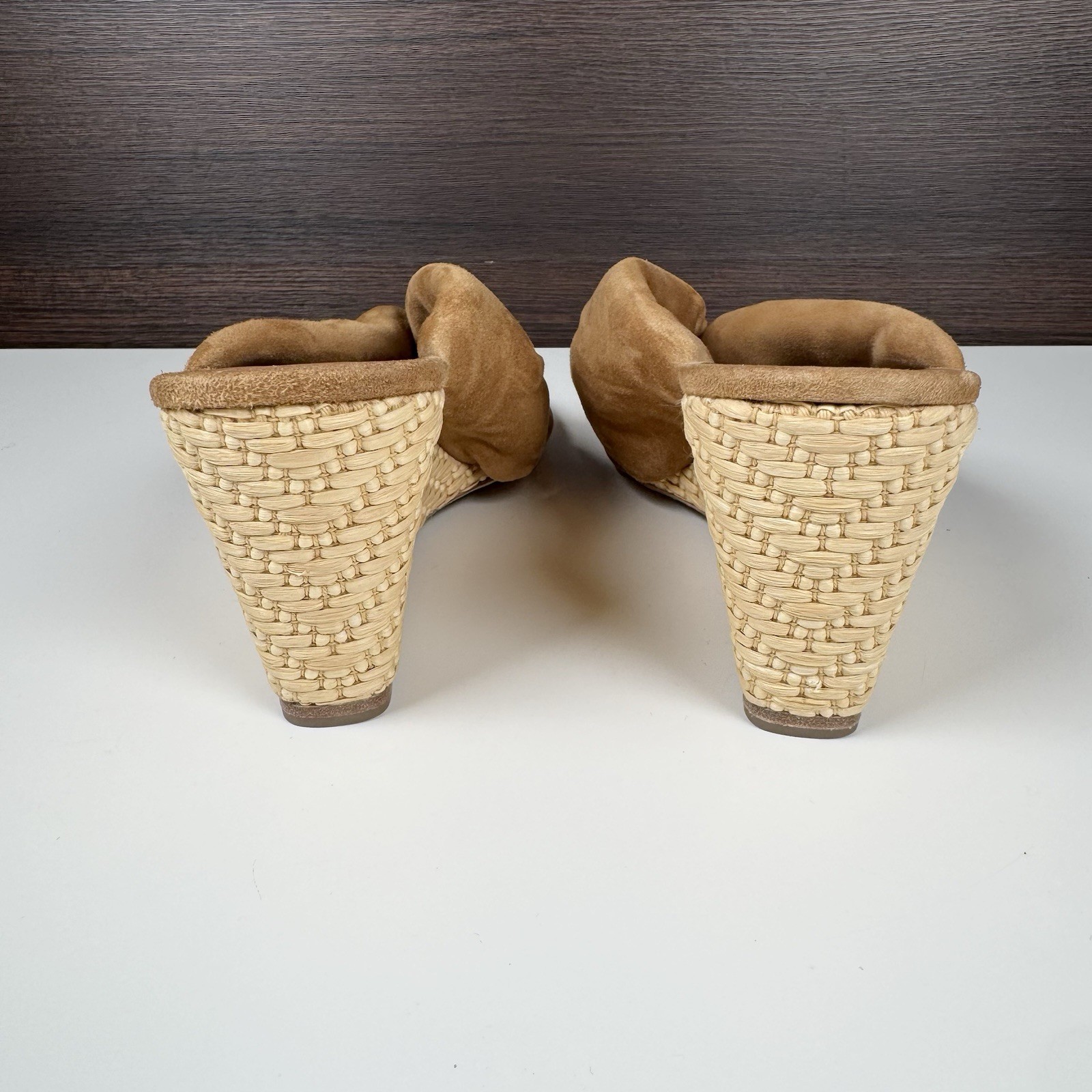 STAUD Dahlia Suede Knot Sandals Wedge Heel Tan Portugal Women’s size 9 / EU 39