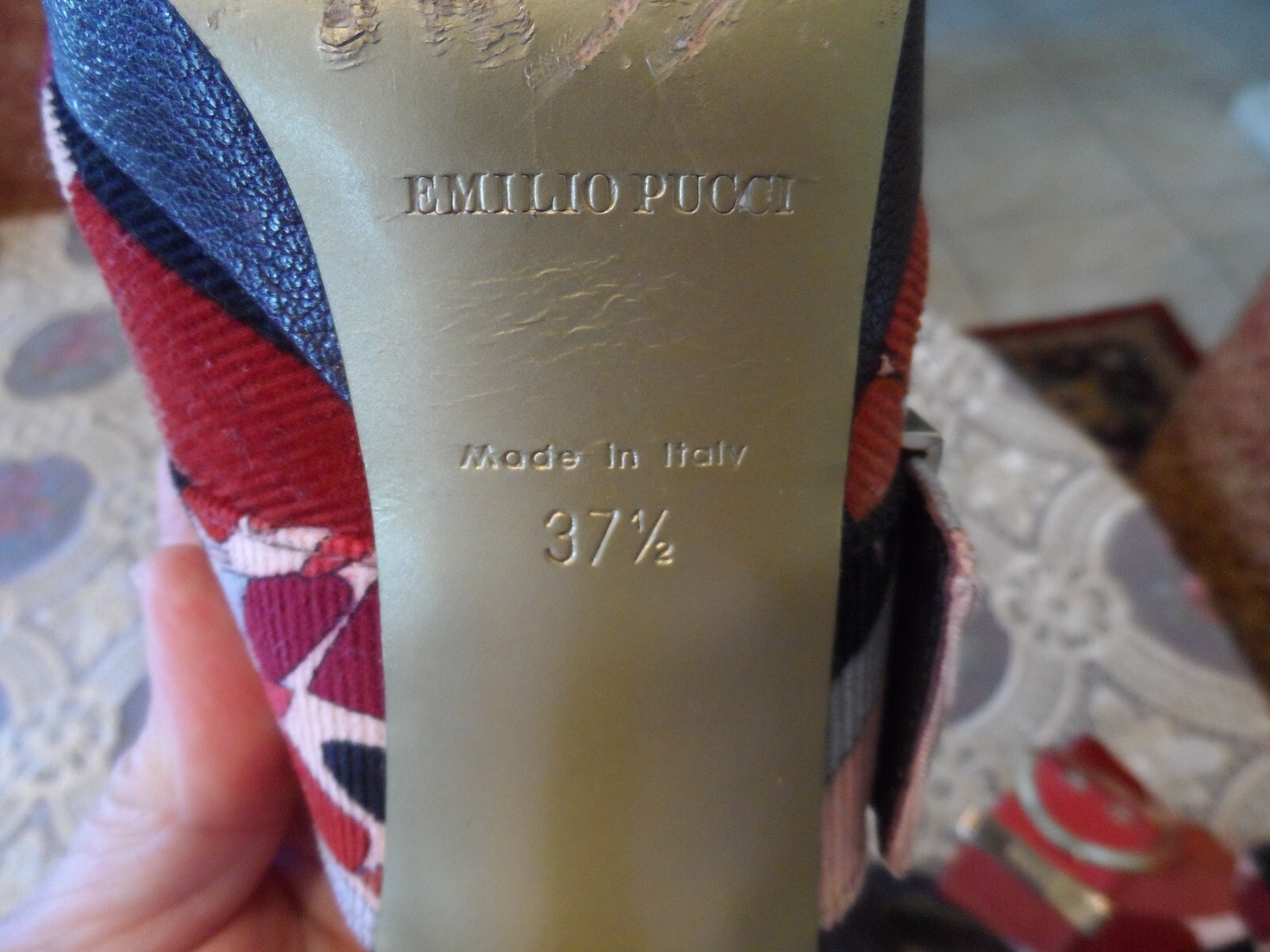 Emilio Pucci Brown Multi Color Corduroy Mules w/Gold LOGO Buckled Size 37.5B