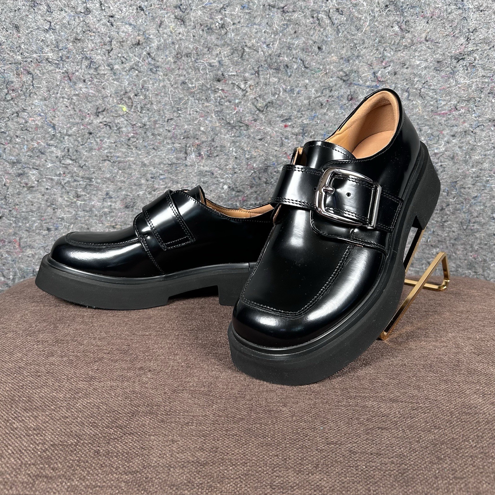 Beau Today Women’s Calfskin Business Casual Buckle Loafer Black Chunky 7-7.5