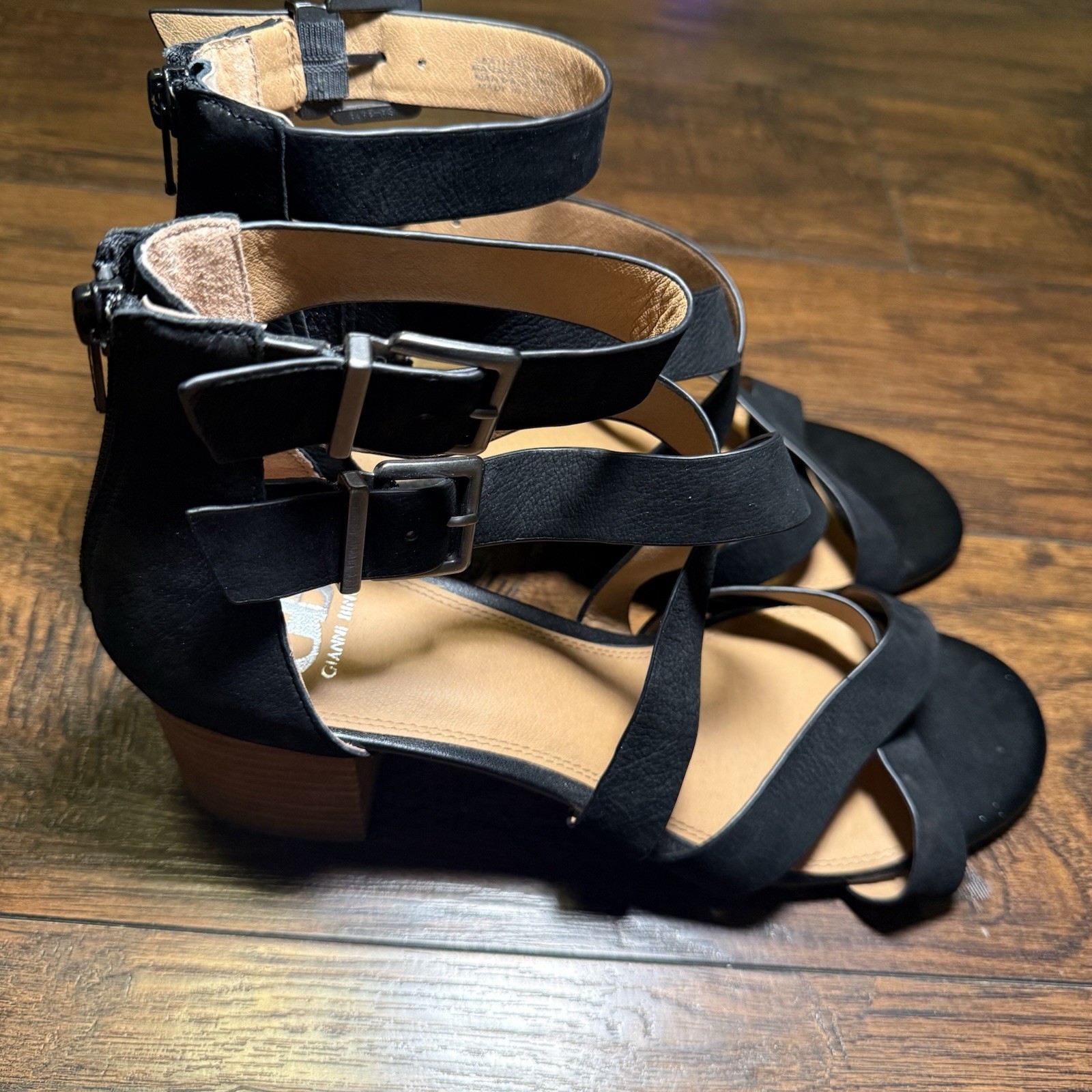 Gianni Bini 2.5in Block Heels Womens Black Leather Strappy Ankle Strap Size 10M