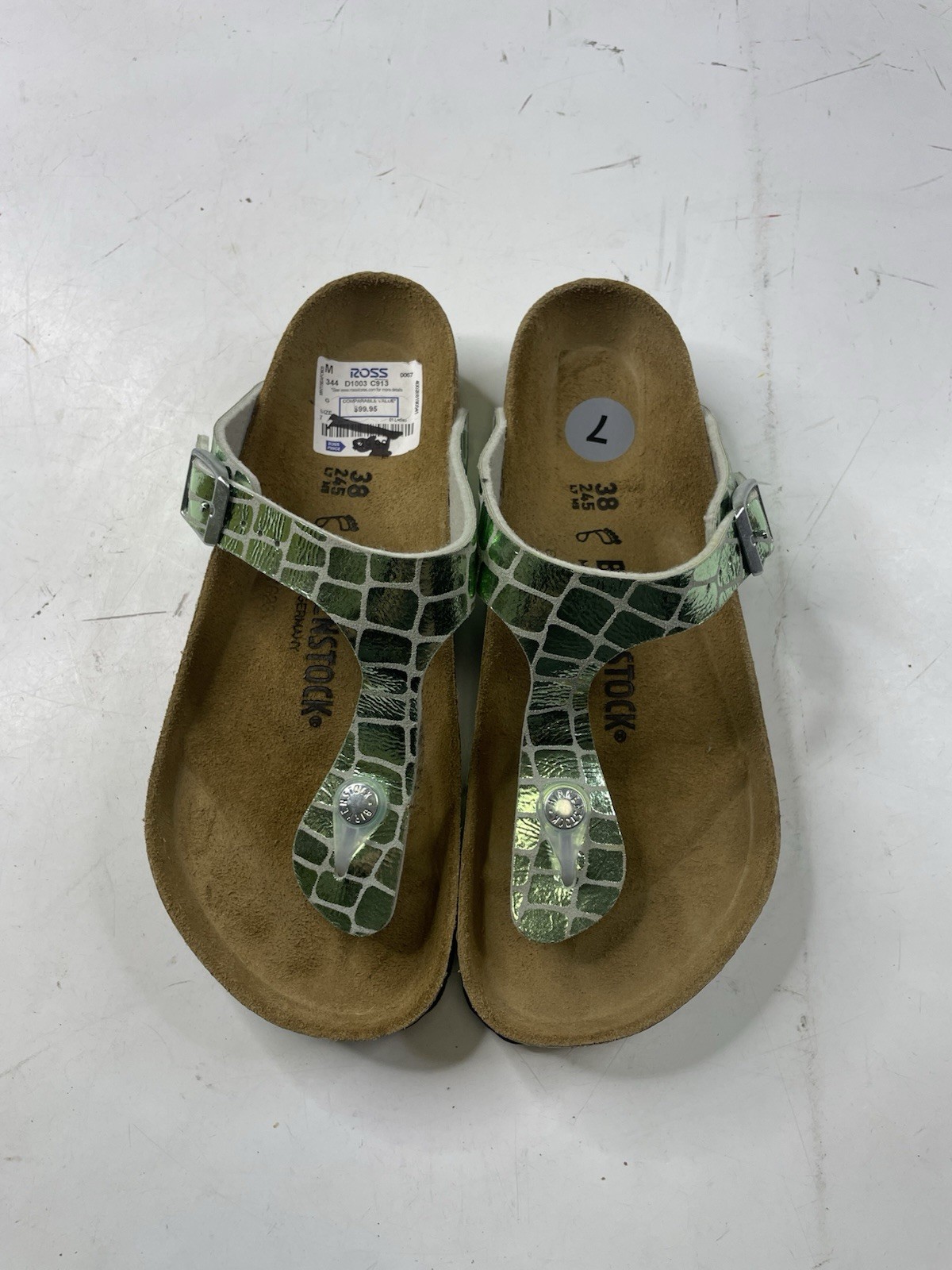 Birkenstock Gizeh Thong Sandals Gator Gleam Pearl Light Mint Silver US 7 EUR 38