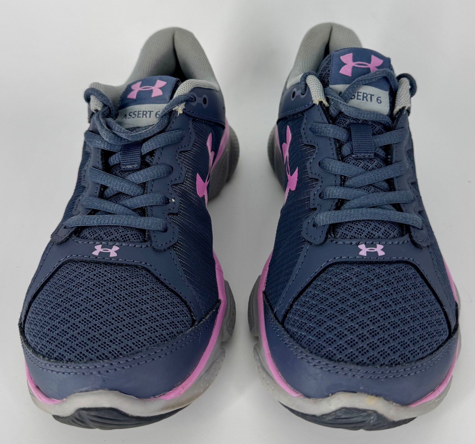 EUC Under Armour Micro G Assert Six Gray Navy Lavender Running Shoes Womens Sz 7