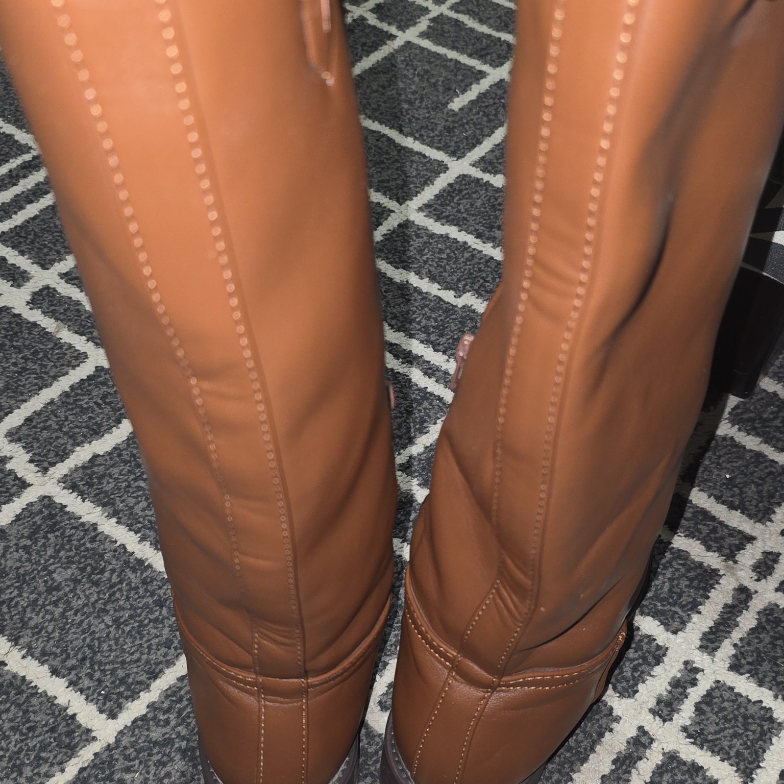 Women’s Brown Knee-High Riding Boots Faux Leather Wide Calf Side Zip 8