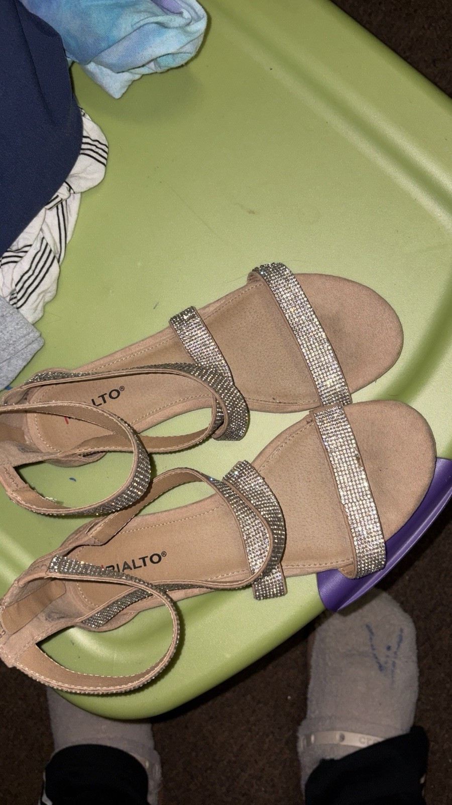 Rialto Women’s Rhinestone Strappy Ankle Strap Sandals Beige/Silver US 8