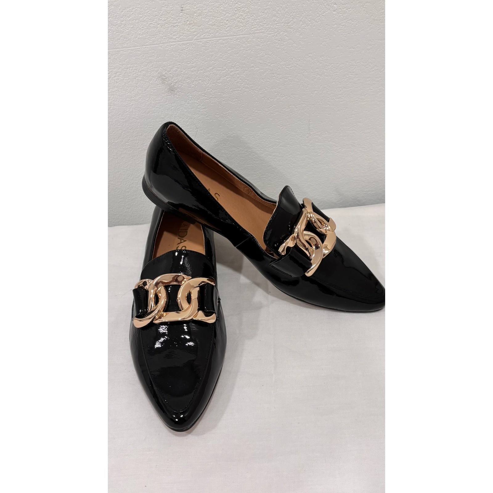 Midas Symona-Mi Black Patent Leather Gold Chain Pointed Toe Loafers Size 38