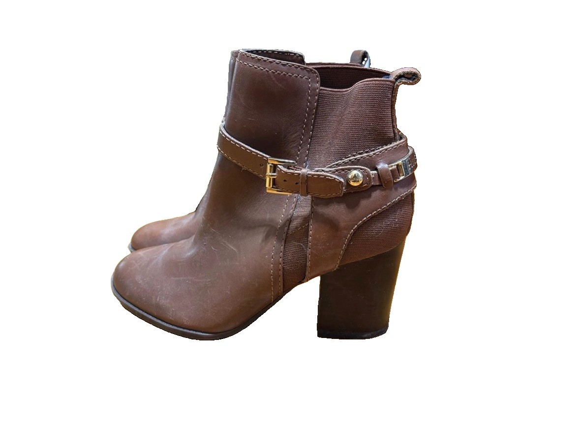 EUC Tommy Hilfiger Brown Gold Hardware Leather Ankle Boots Size 7M