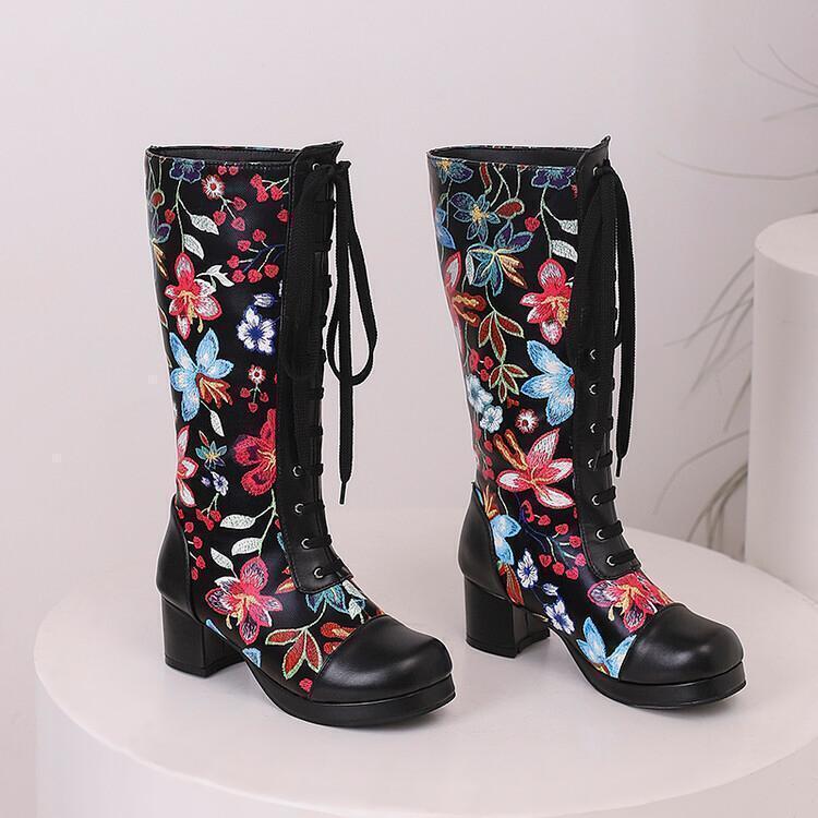 Chic Women’s Floral Printed Pull On Mid Calf Boots Casual Formal Occident Shoes