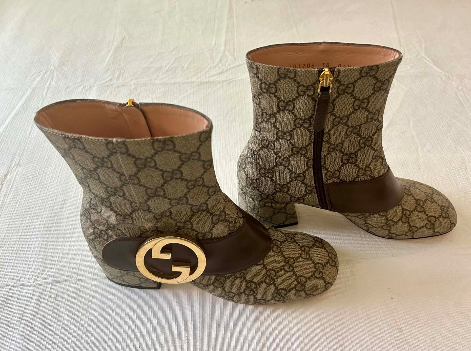 Gucci GG Supreme Logo Print Beige Canvas/Brown Leather Ankle Boots 38
