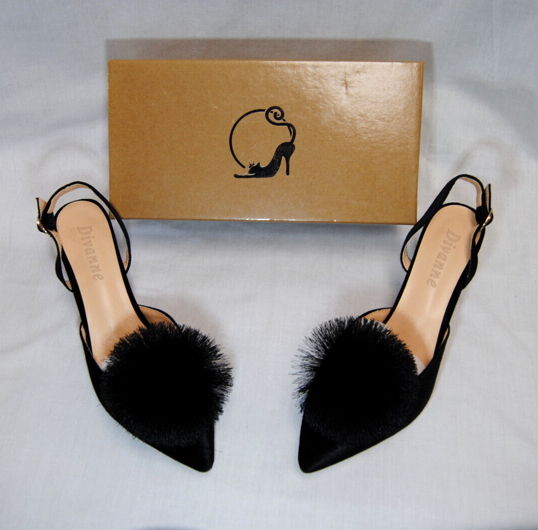 Divanne Women’s Puff Pompom Slingback Pumps Pointed Toe Kitten Heels New T2346