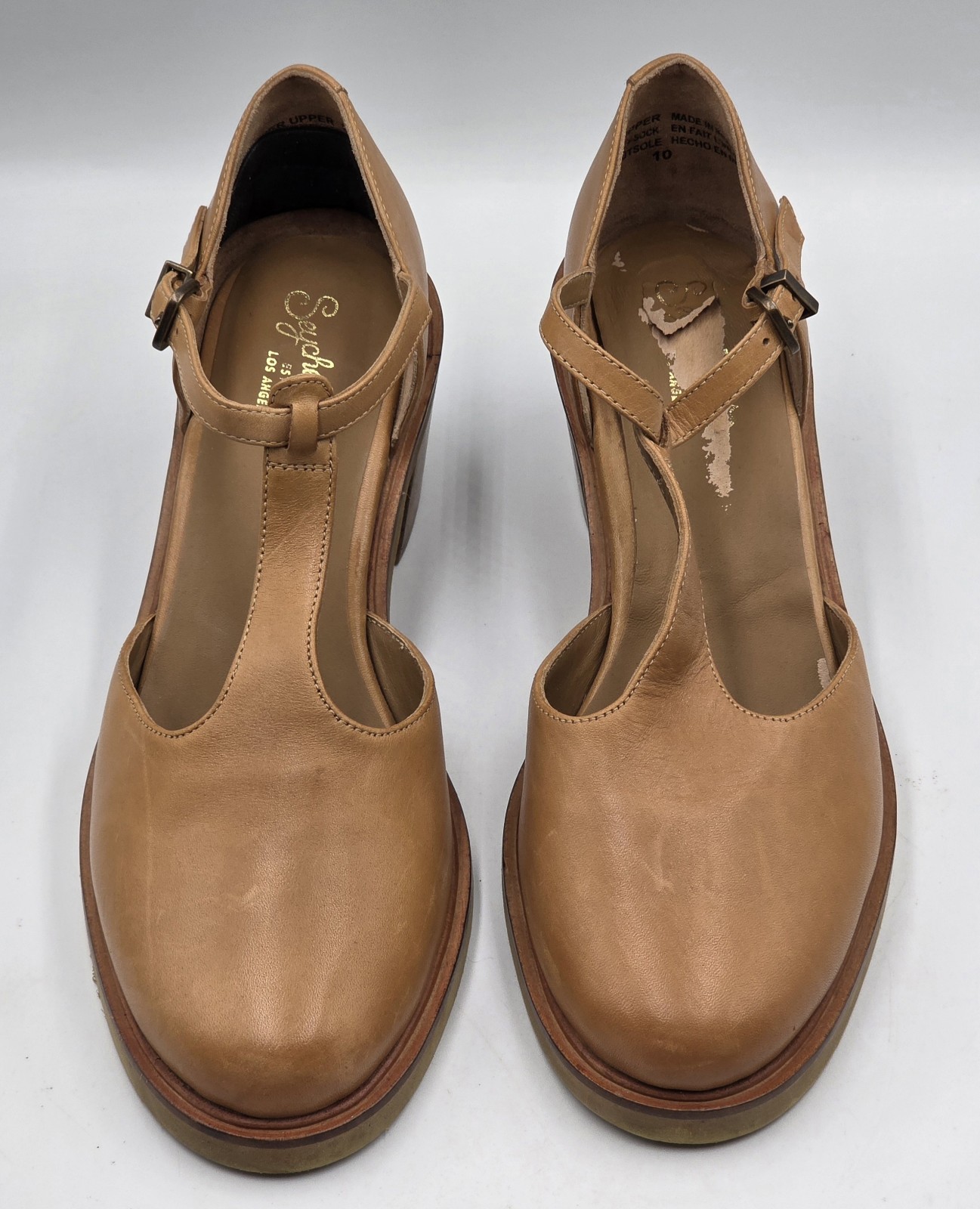 Seychelles Soulmate Size 10 Tan Leather T-Strap Mary Jane Block Heel Pumps 2.5in
