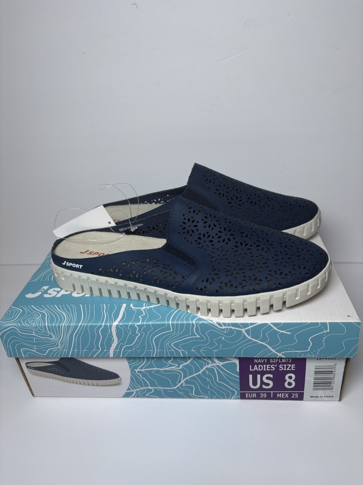 NEW J Sport Size 8 M Blue Floral Mule Laser Cut Slip On Comfort Womens Shoes