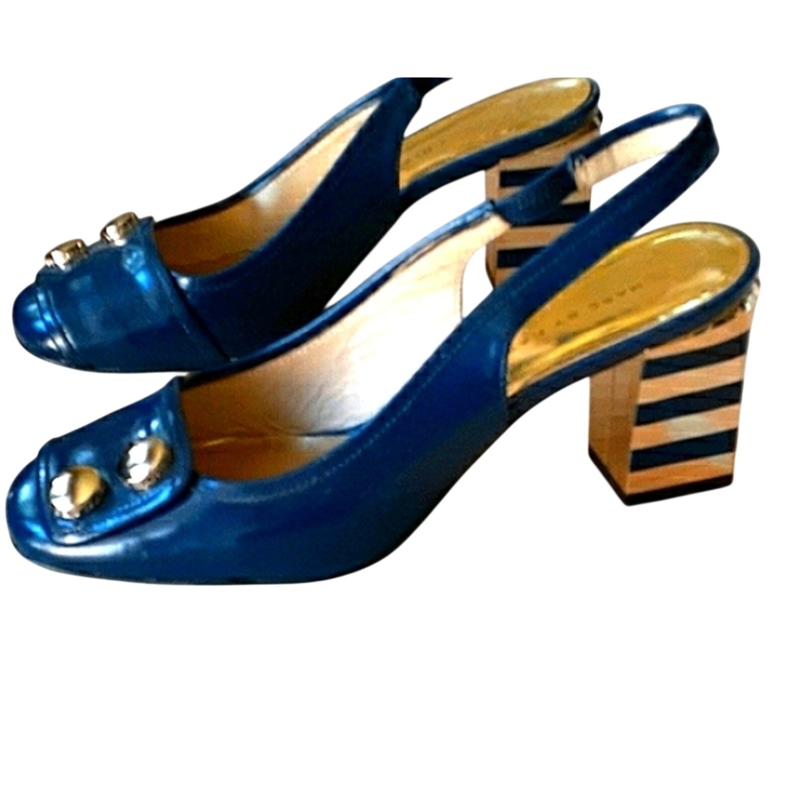 Marc by Marc Jacobs Sliingbacks Blue Gold Striped Heels 35.5 Art Deco City Chic