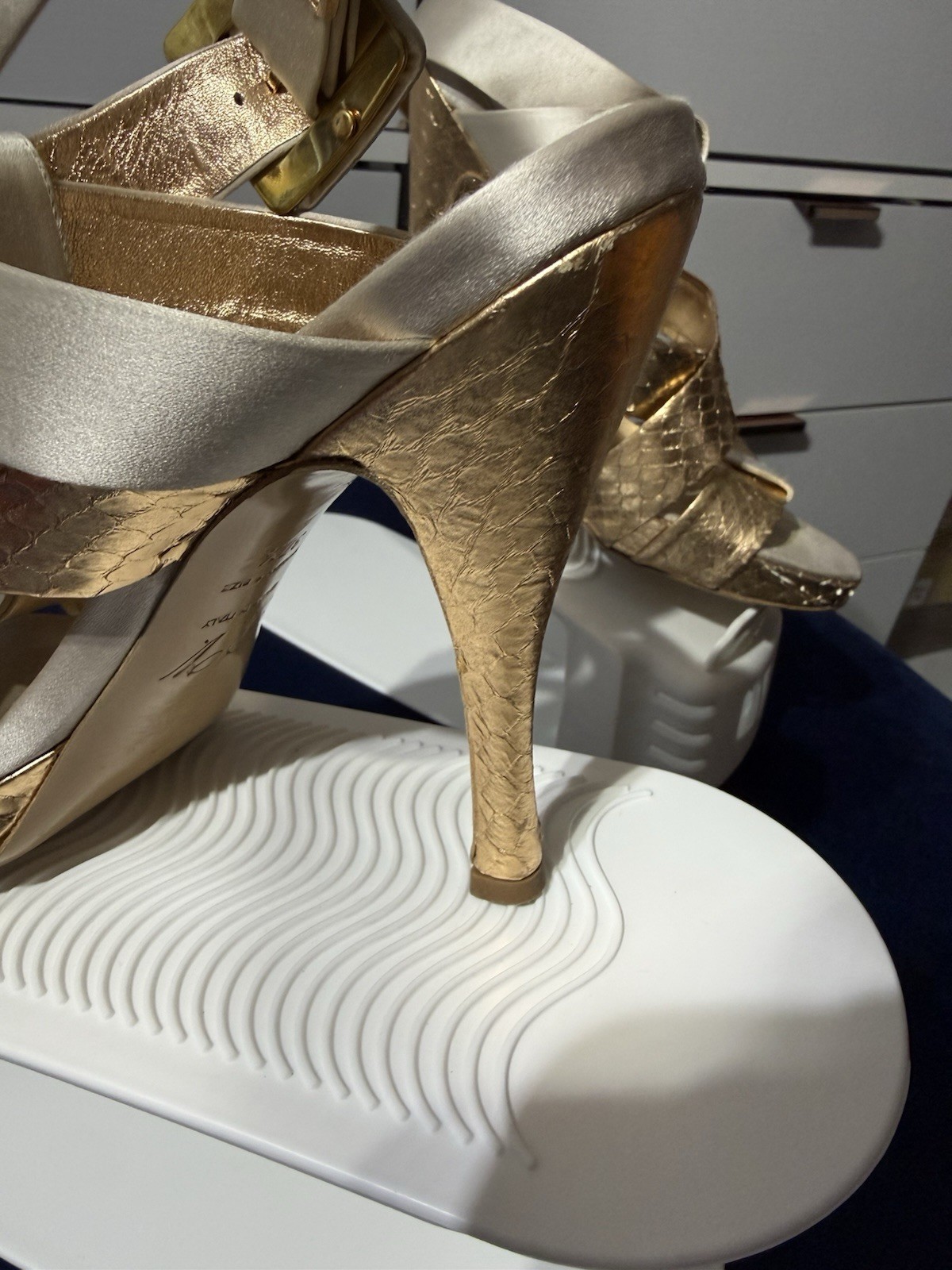 Roger Vivier Strappy Satin Gold Ankle Heels