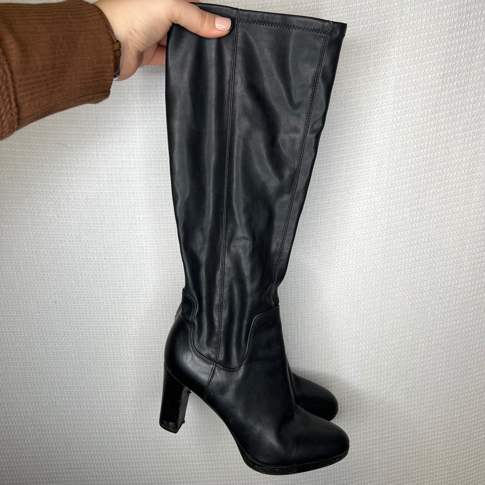 Franco Sarto Black Faux Leather Knee High Boots Chunky Heel Size 7