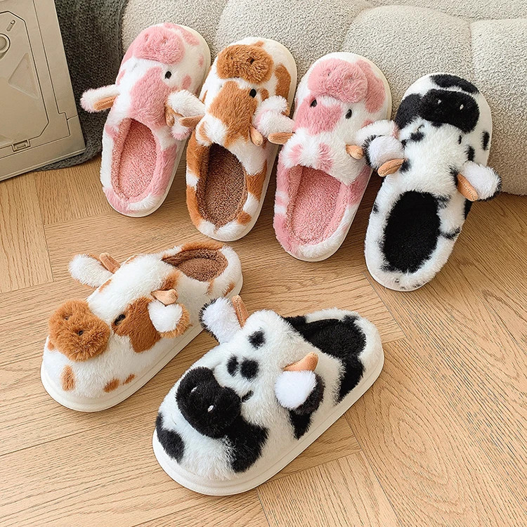 Fluffy Women’s Slippers Home Cartoon Cow Designer Winter Shoes Girls Flat Trend