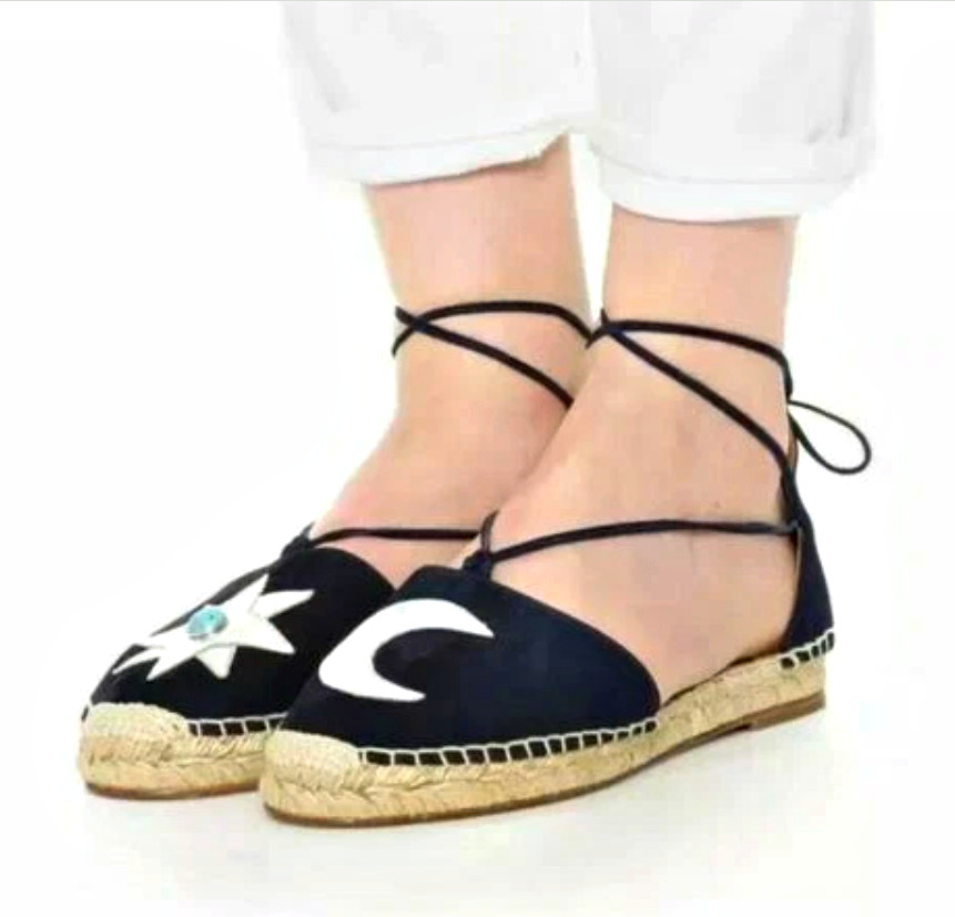 Aquazzura Poppy-Delevingne Midnight Star Moon Lace Up Espadrilles sz US 6/ IT 36