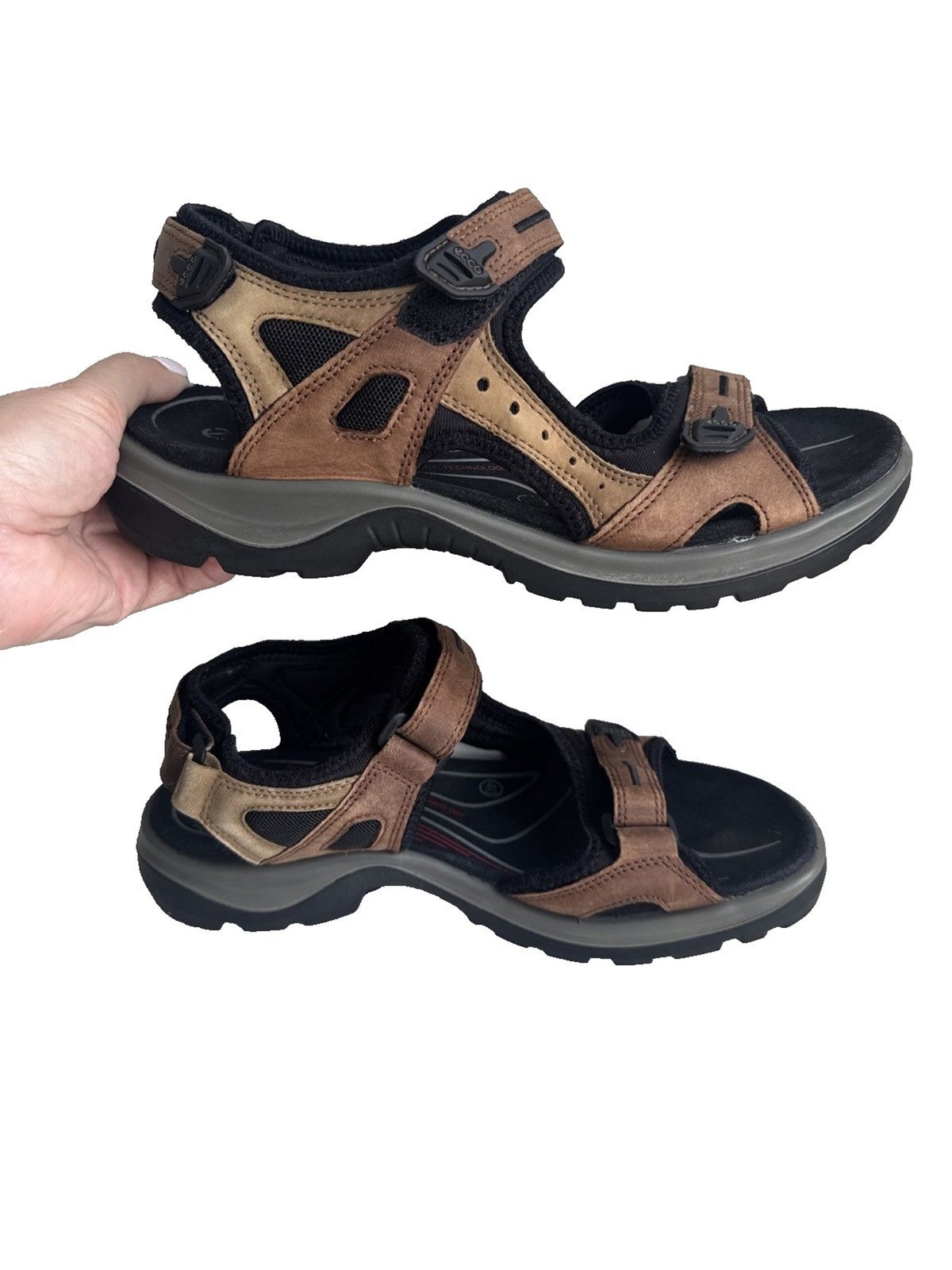 ECCO Yucatan Offroad Sandals Womens 9.5 Brown Black Hiking Walking Shoes