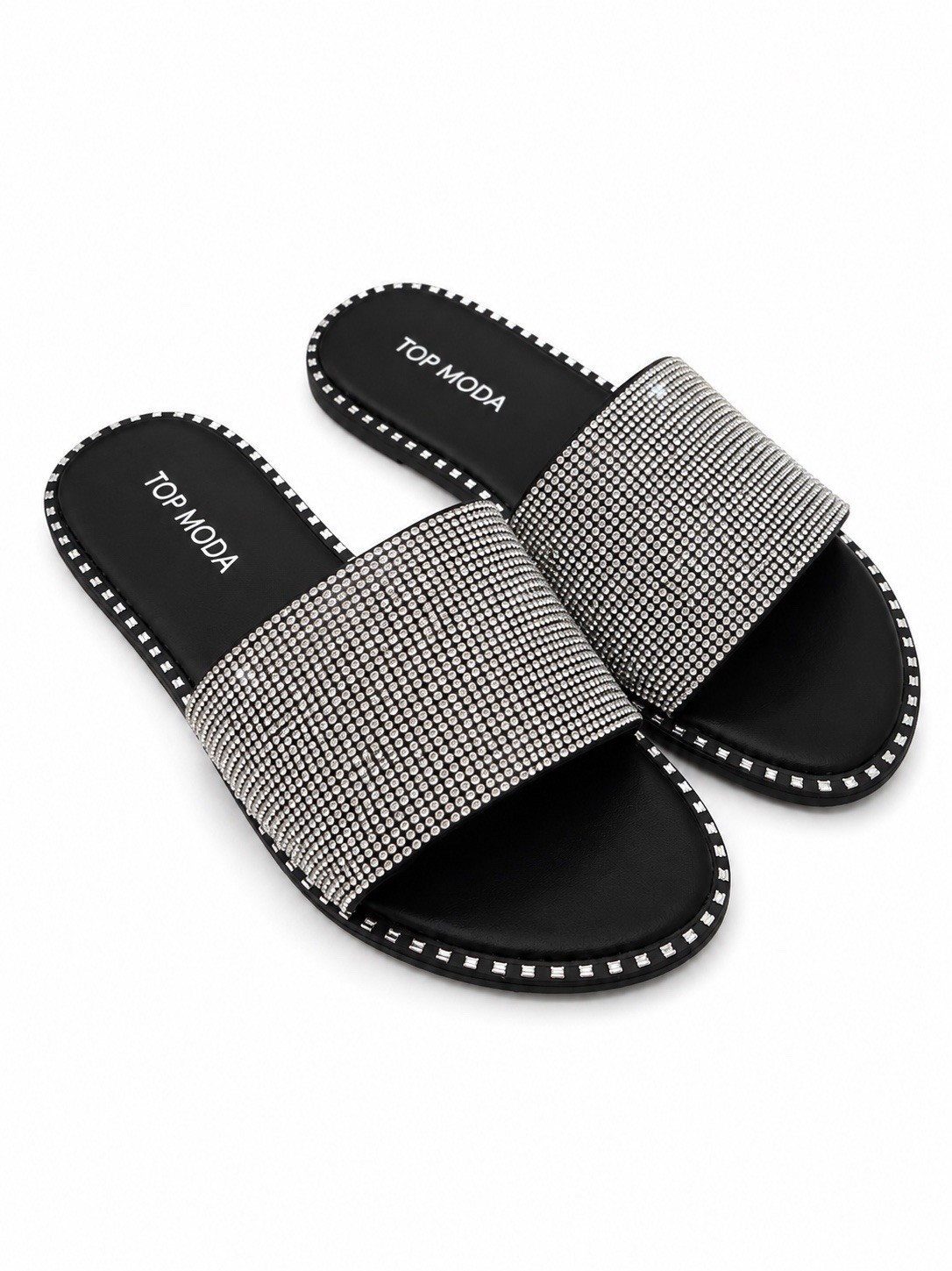 TOP MODA Women’s Rhinestone Slide Sandals Black Flat Slip-On Sparkly Casual