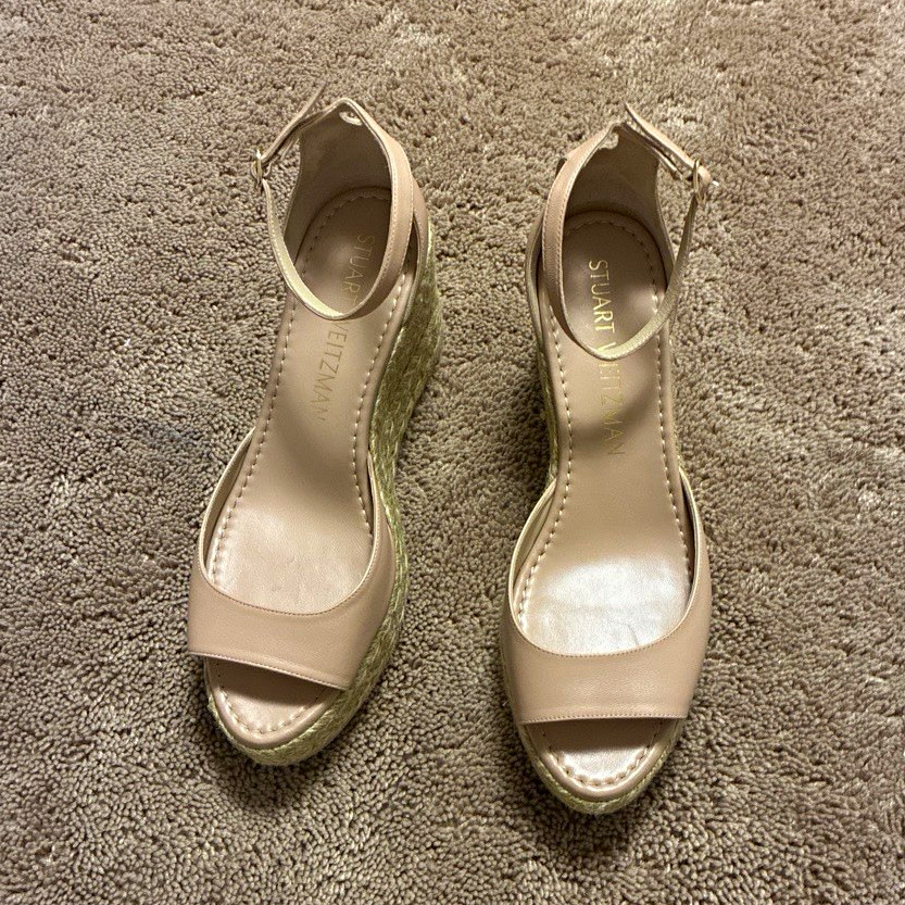 Stuart Weitzman Women’s Beige Leather Wedge Espadrille Sandals US 12