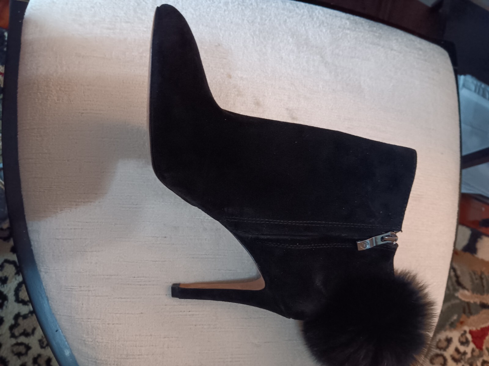 ANTONIO MELANI BLACK LEATHER SUEDE FOX FUR SHOES ZIPPERED 3 1/2″ HEELS 7.5M NWT