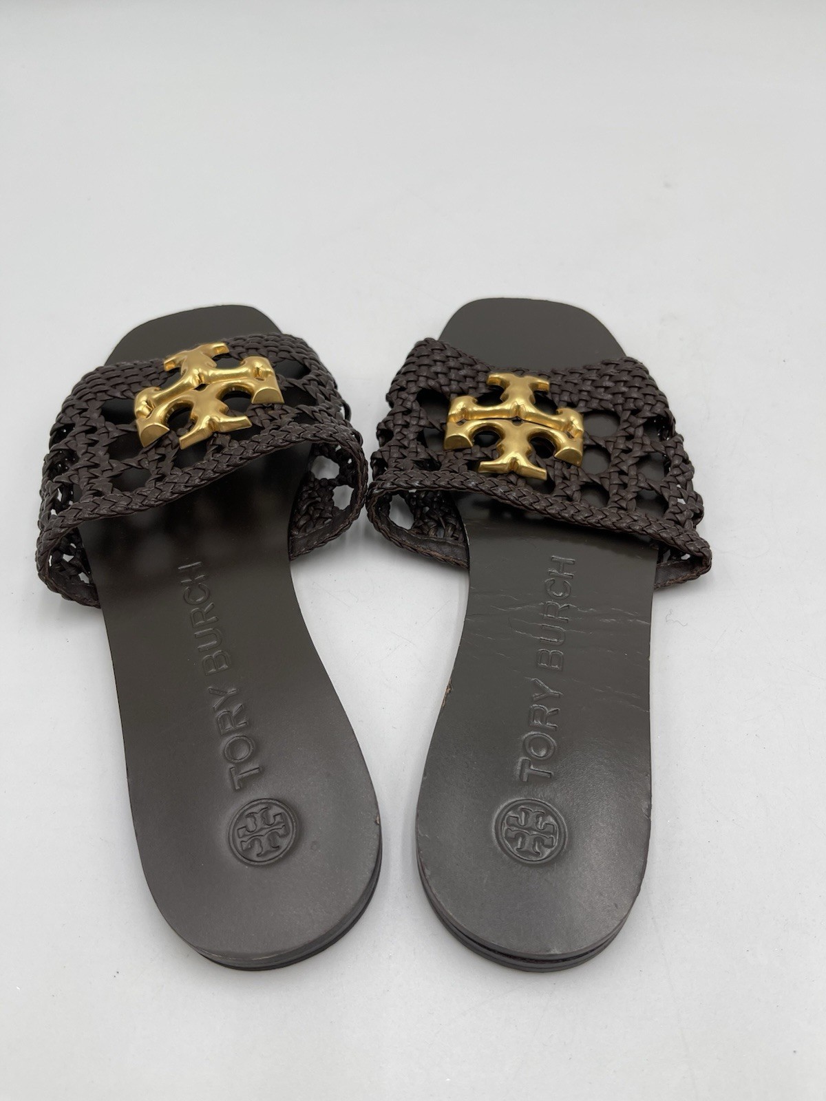 Tory Burch Eleanor Woven Flat Slide Woven Brown Leather Size 6M