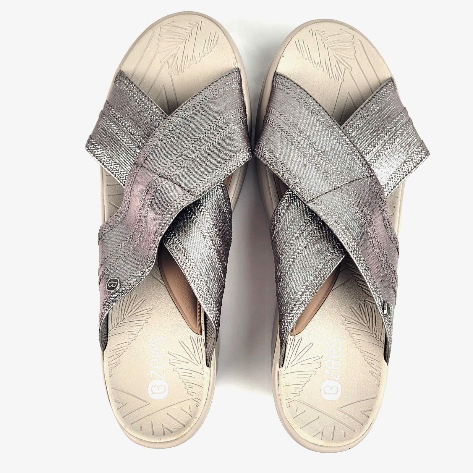 Bzees Vista Sandals Women’s 11M Silver X Band Wedge Slide Comfort Summer Casual