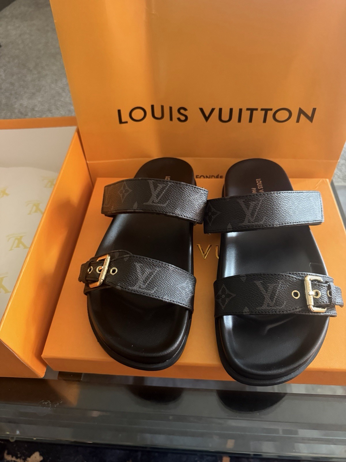Louis Vuitton Black Monogram Logo Slide Sandals w/ Buckle Adjustable Strap