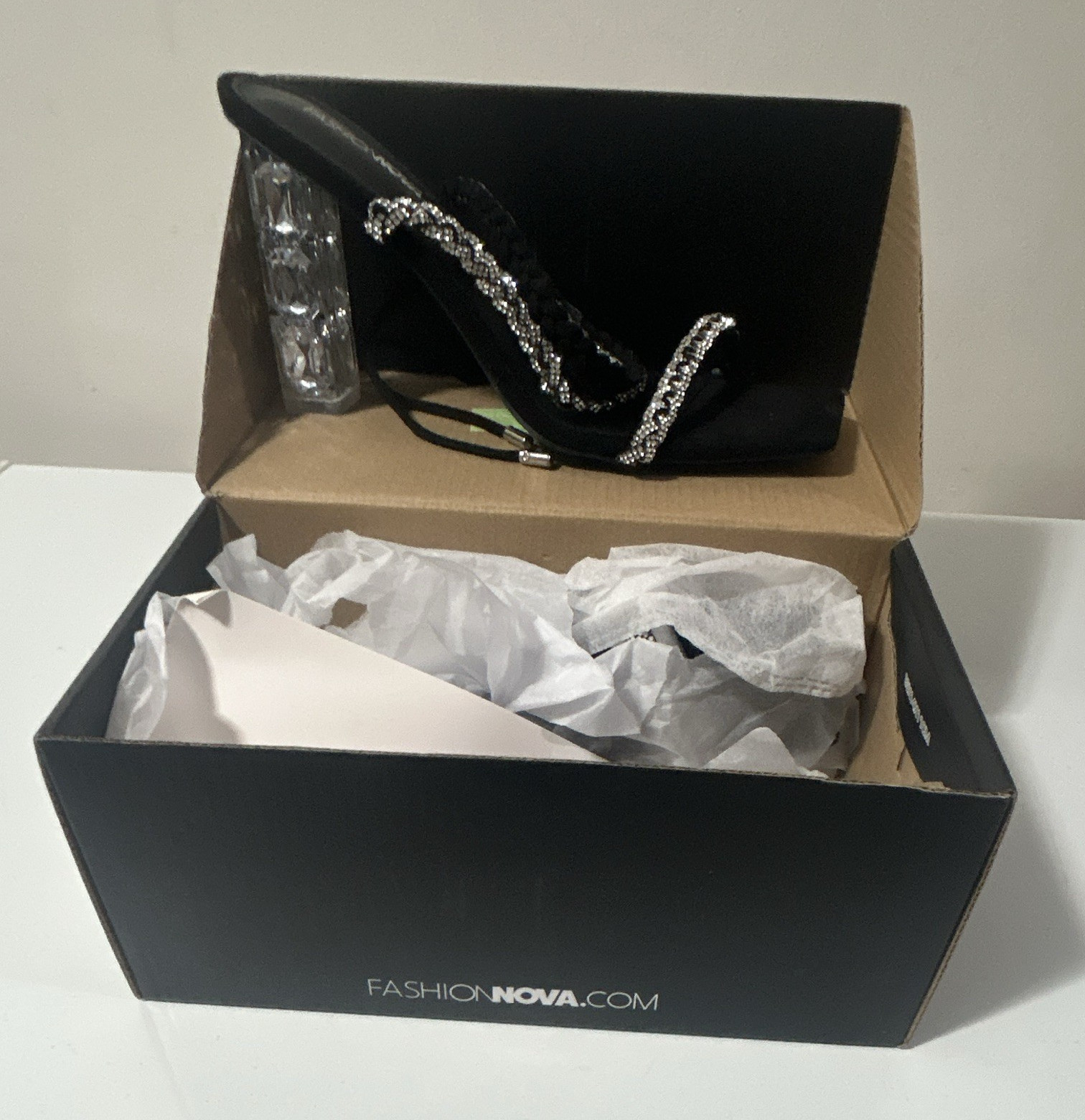 FASHION NOVA/ STRAPPY RHINESTONE/ BLACK CLEAR SILVER/ SIZE 9/ NEW
