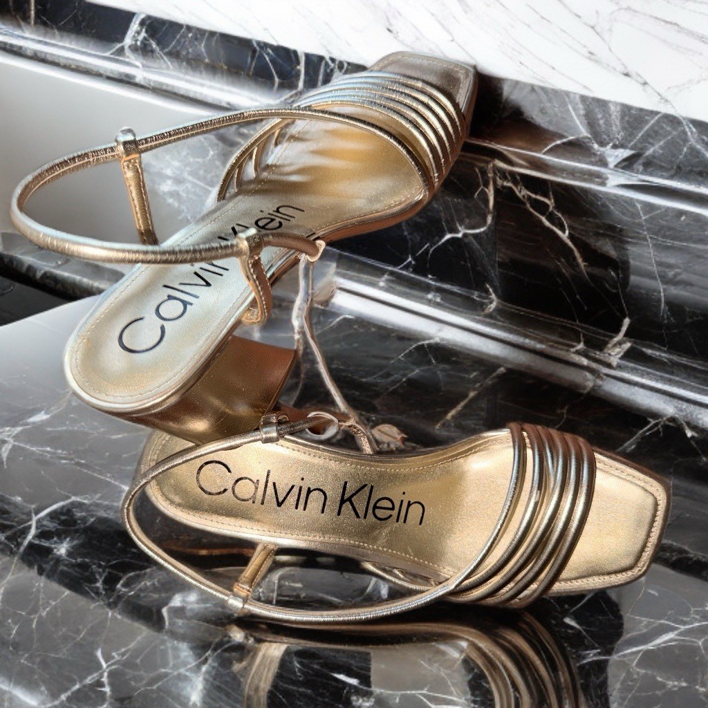 Calvin Klein Gold Strappy Sandals Buckle Synthetic Upper Women