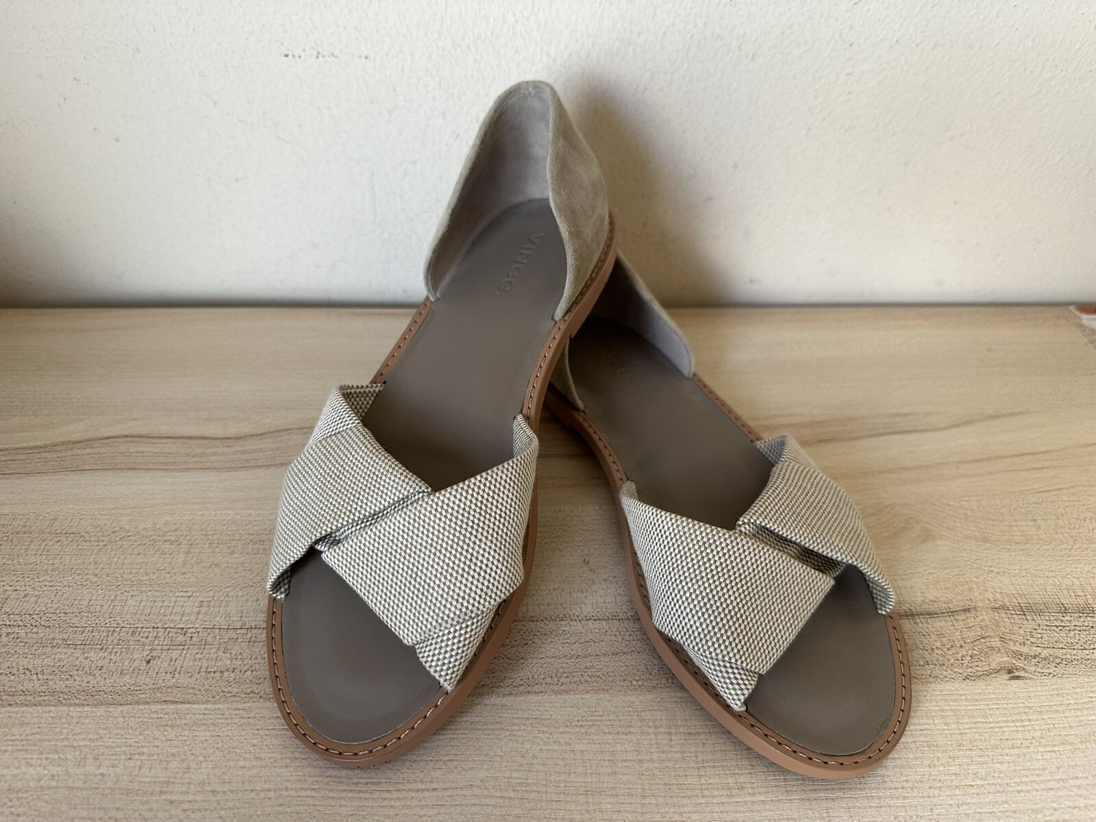 $250 VINCE Womens sz 5.5 IDA taupe suede woven slip on sandals flats