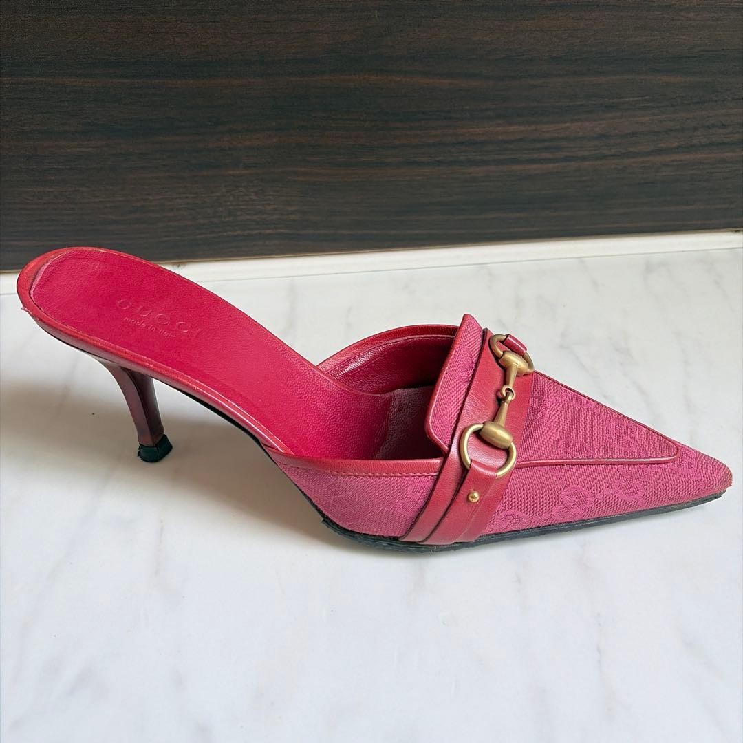 Gucci GG Pattern Mule Sandals Size 34H Pink Canvas Leather Rare
