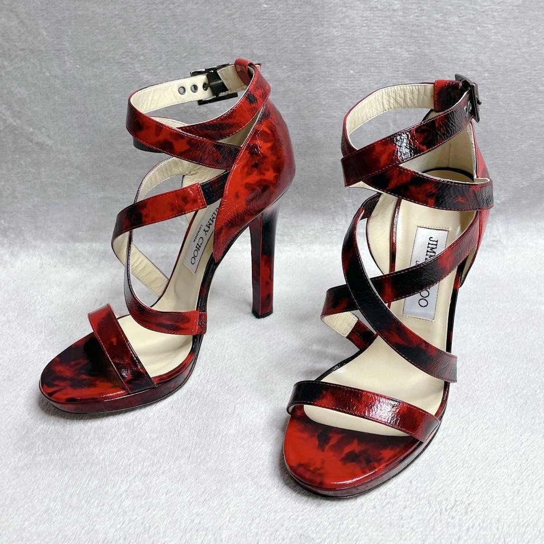 JIMMY CHOO Tie Dye Patent Red Black Cross Strap Heeled Sandals Shoes EU 36.5