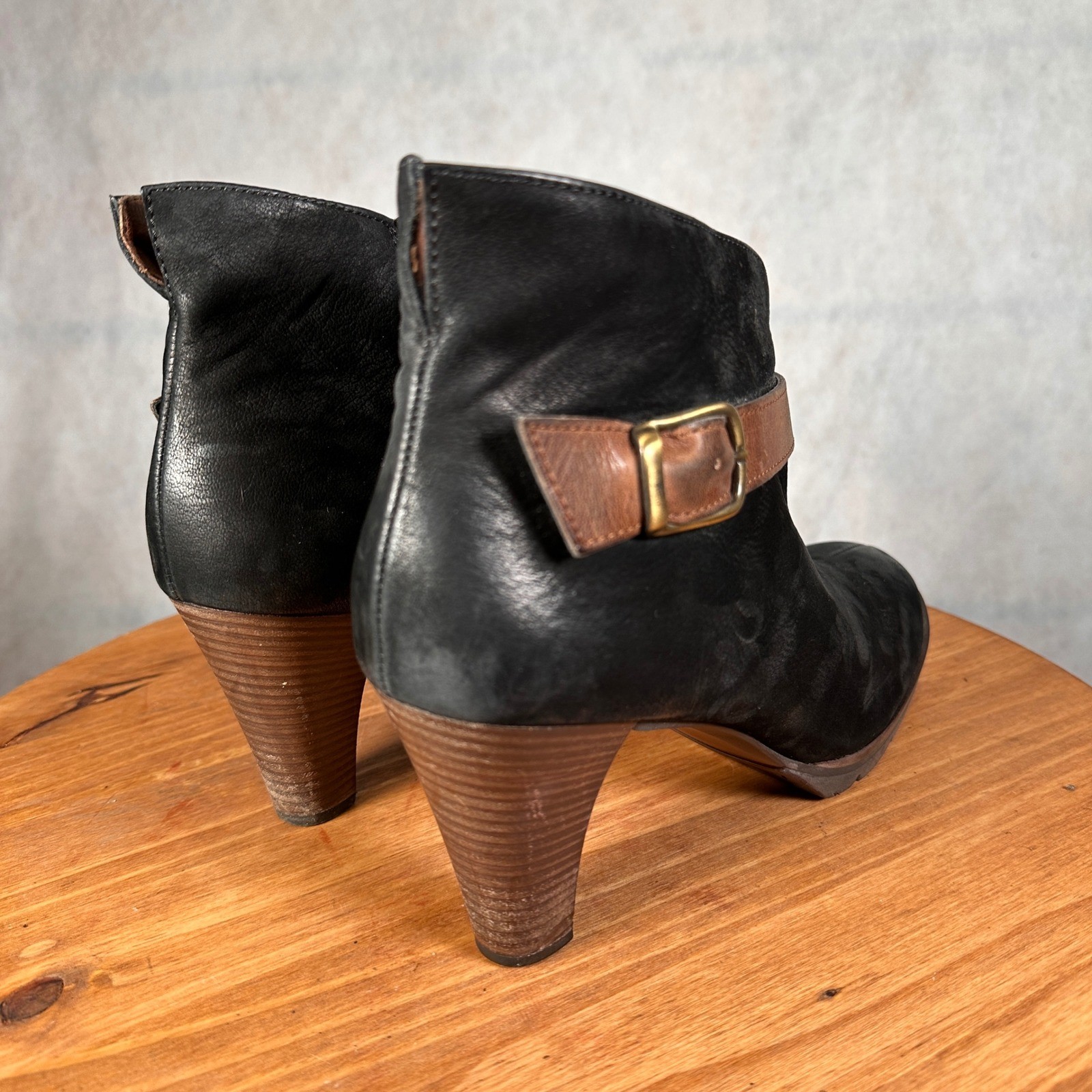 Paul Green Leather Ankle Boots Women 7 Black Brown Good Buckle Side Zip