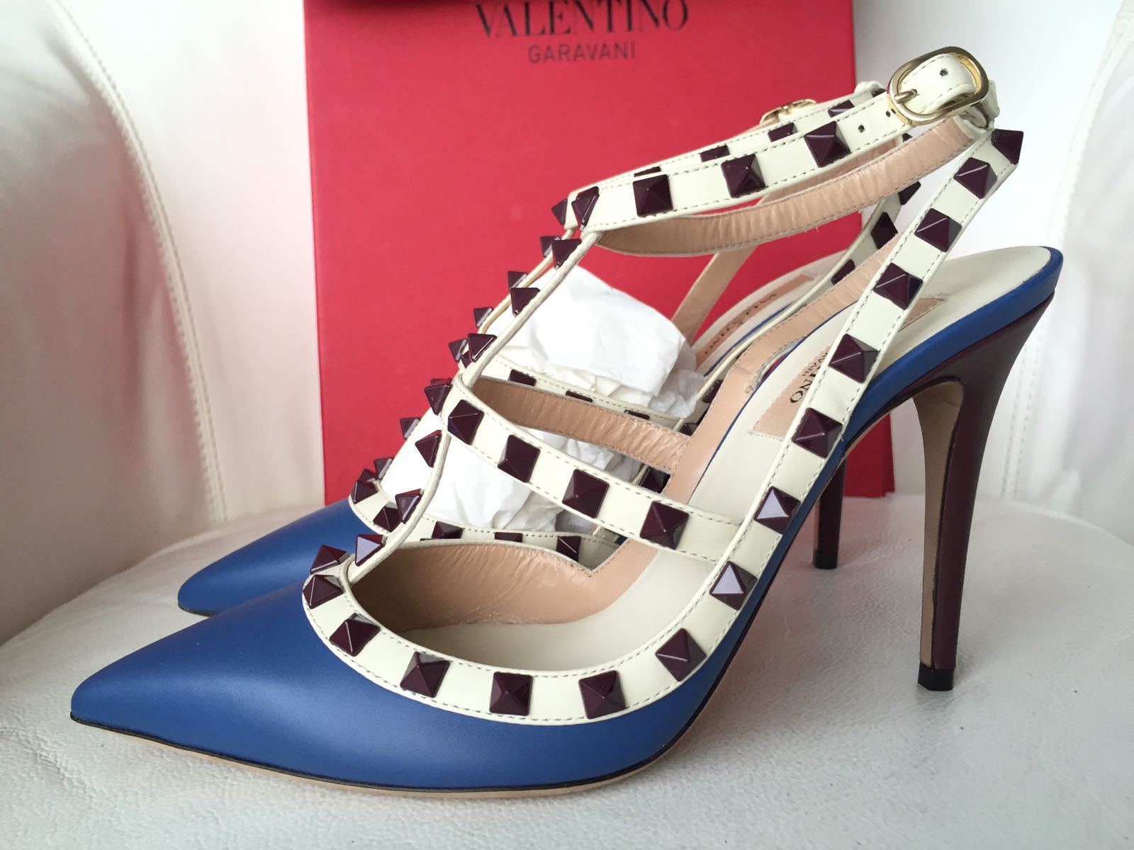 $1.1K VALENTINO ROCKSTUDS BLUE BURGUNDY WHITE HIGH HEEL SANDAL 37.5 NIB