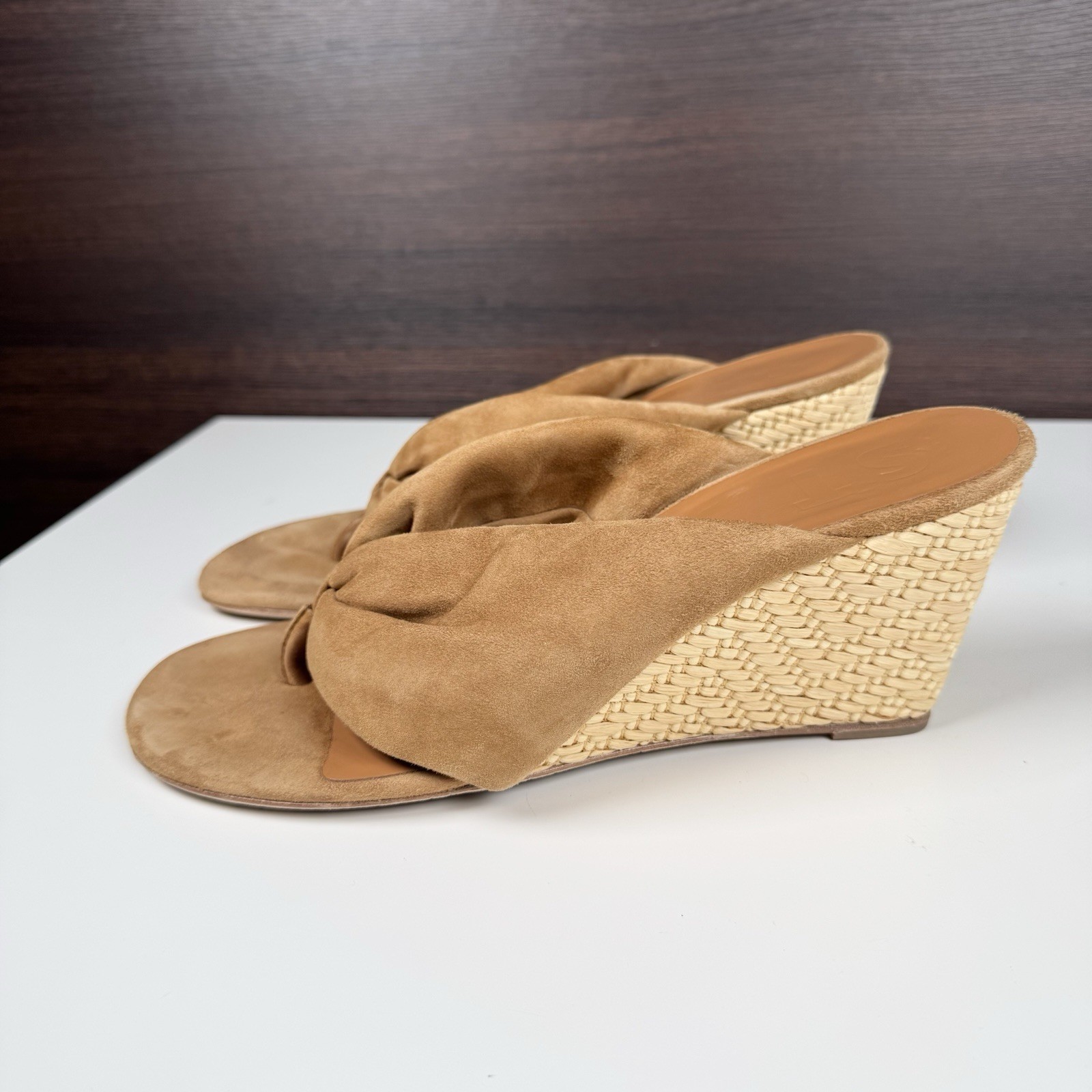 STAUD Dahlia Suede Knot Sandals Wedge Heel Tan Portugal Women’s size 9 / EU 39