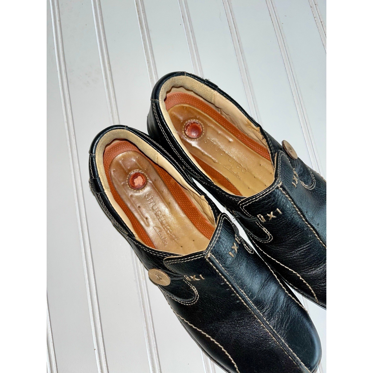 Clarks Unstructured Black Leather Slip On Comfort Loafers Women’s Size 8.5