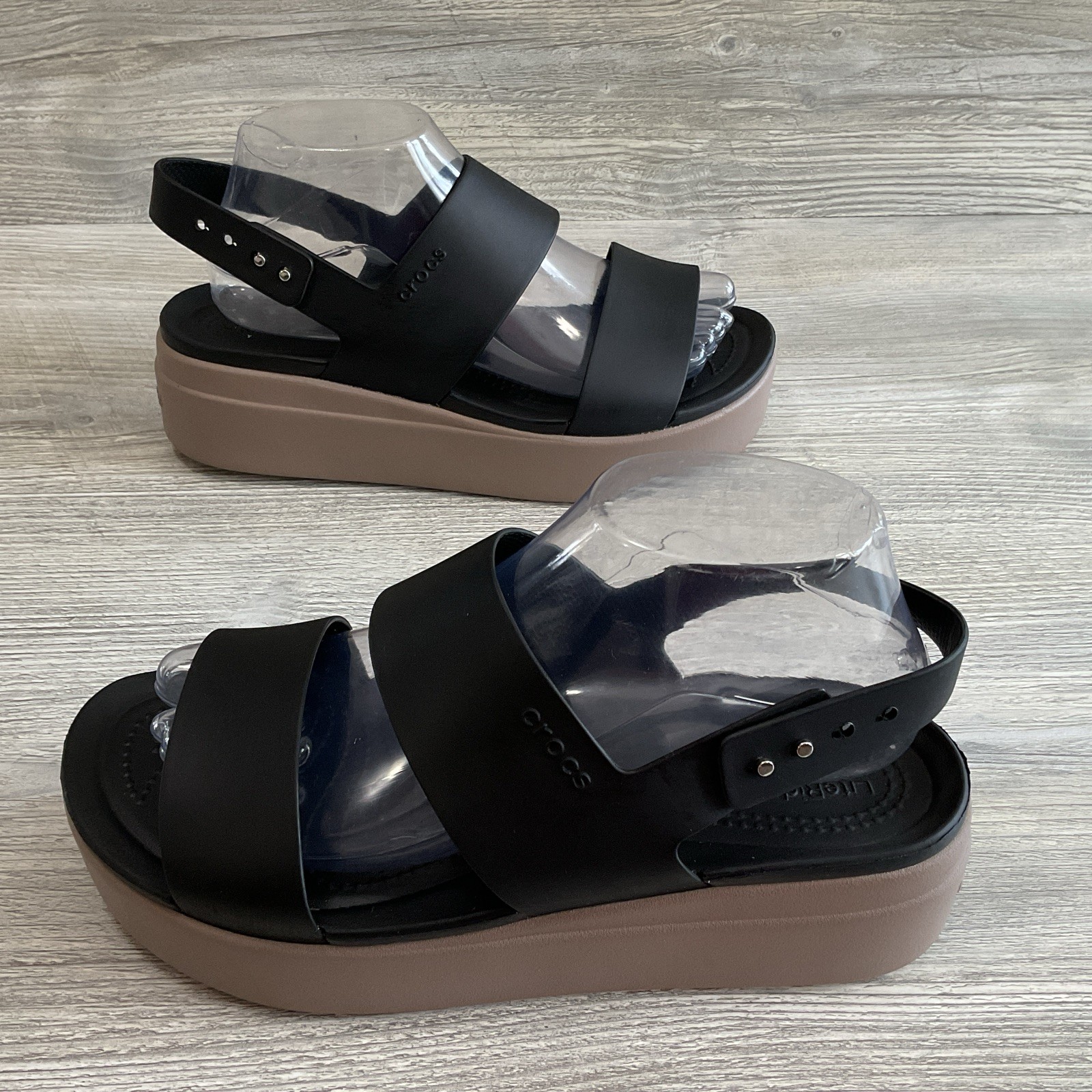 Crocs Literide Brooklyn Platform Black Slingback Beige Wedge Sandle Women’s 9 US