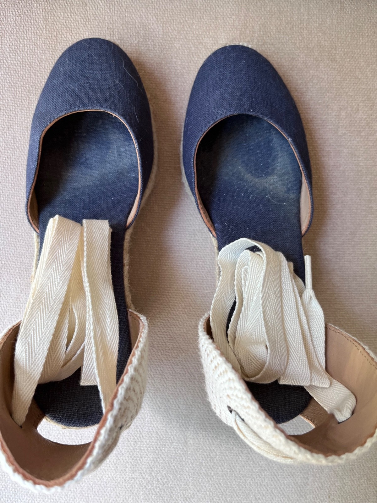Soludos Marseille Wedge Espadrille Sandals NAVY Linen & with Ankle Tie ~ Size 7