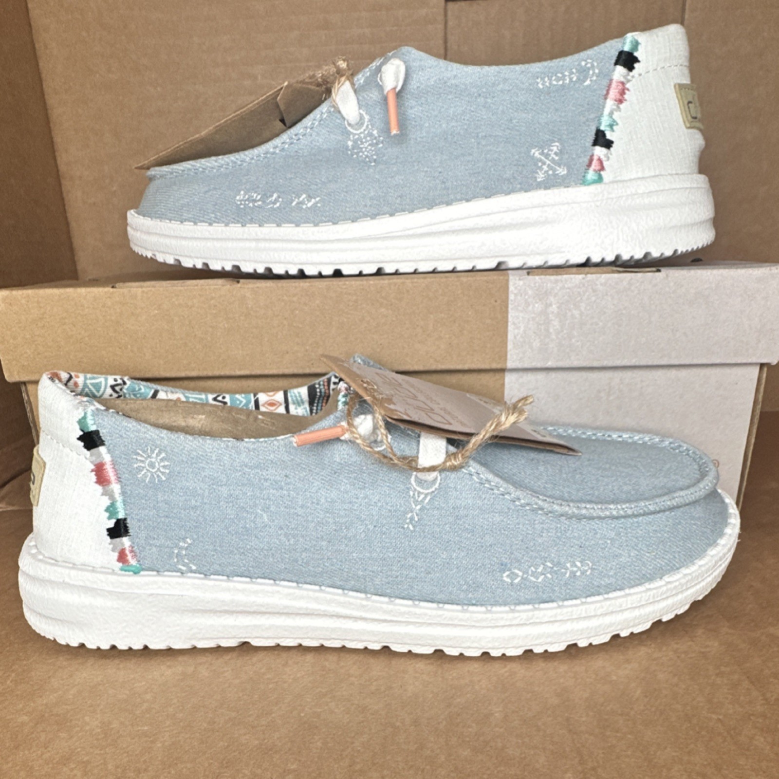 Hey Dude Wendy Boho Denim Slip-On Lightweight Comfort, Light Blue/White 6
