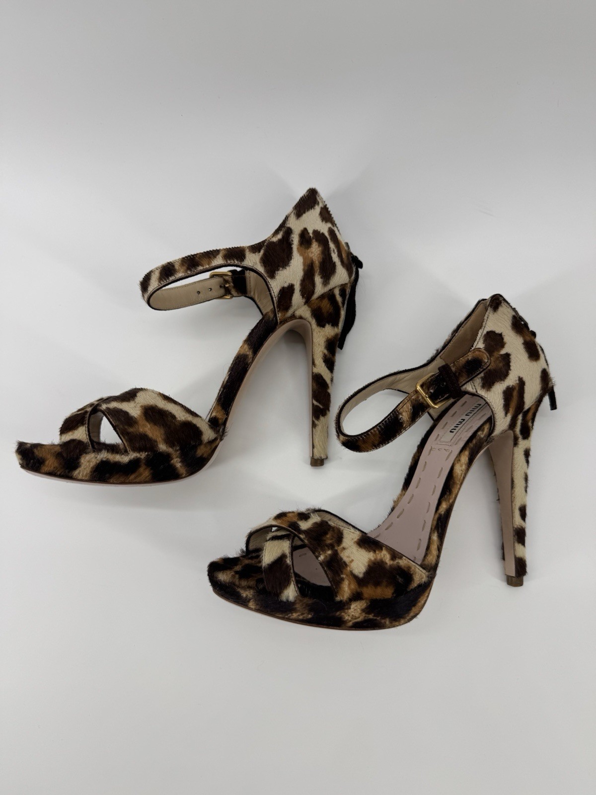 Miu Miu Leopard Print Calf Hair Crisscross Ankle Strap Heels Sz37.5 Authenticate