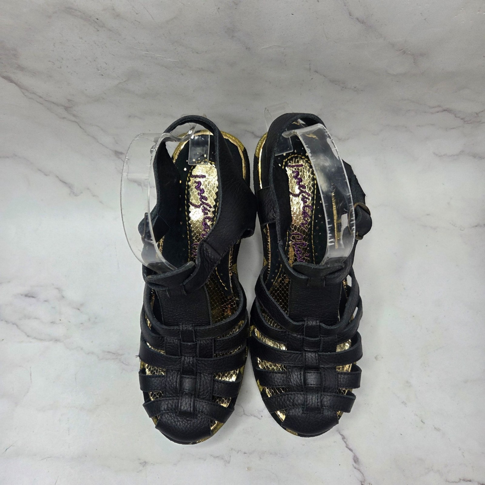 Irregular Choice Gold Black Platform Heels Leather Strappy Women’s 9