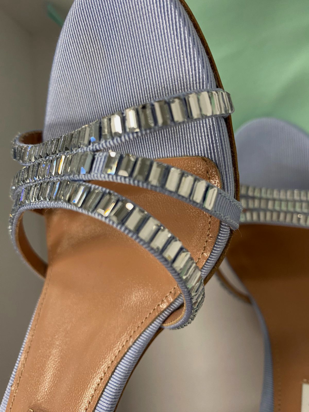 Aquazzura Women’s Blue Memoire Crystal Grosgrain Halter Sandals Shoe Size 36.5
