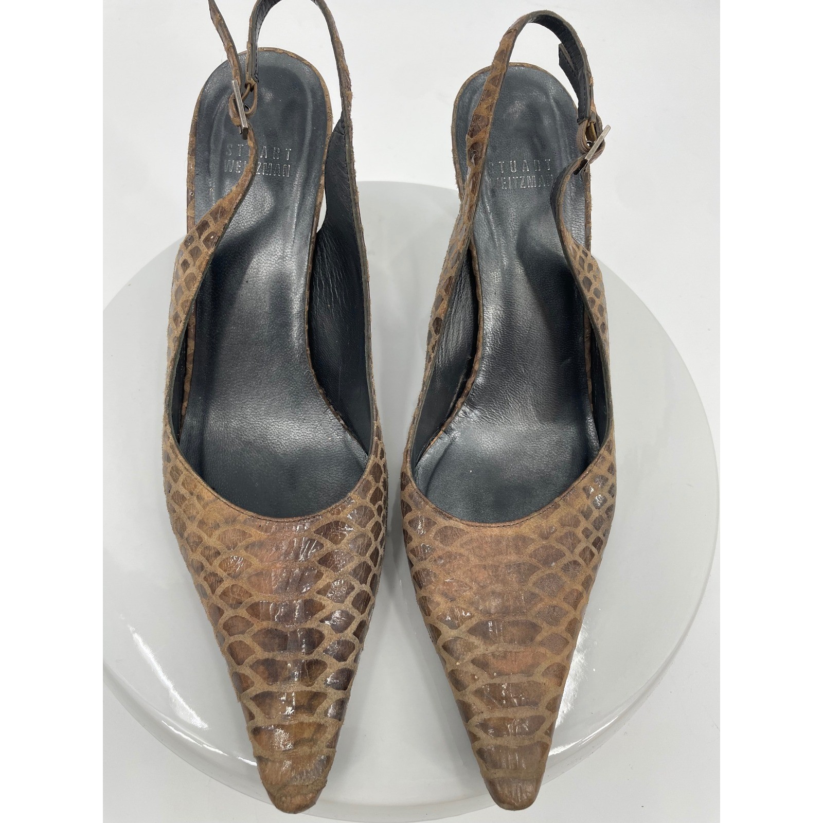 Stuart Weitzman Slingback Pumps Womens 8.5 Brown Leather Snakeskin Pointed Heel