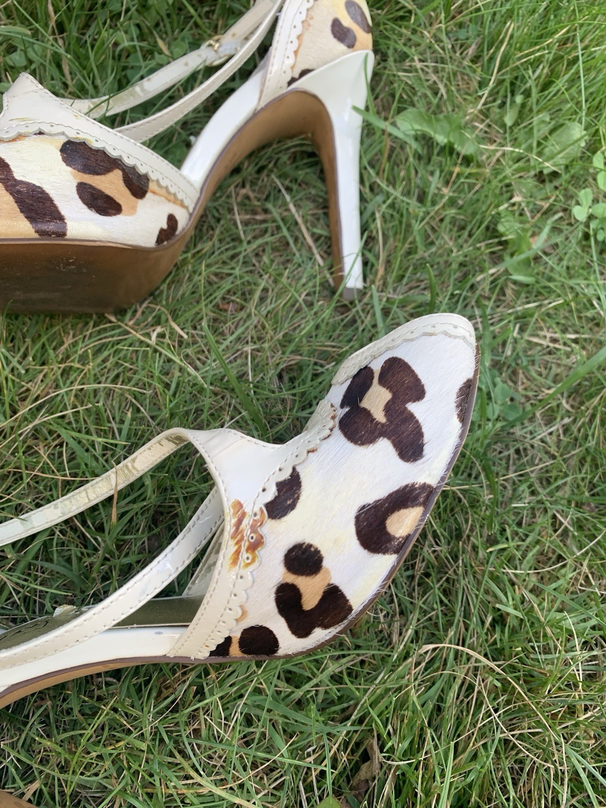 Oh…Deer! Women’s Ivory Brown Leather Animal Print Peep Toe Pumps 6