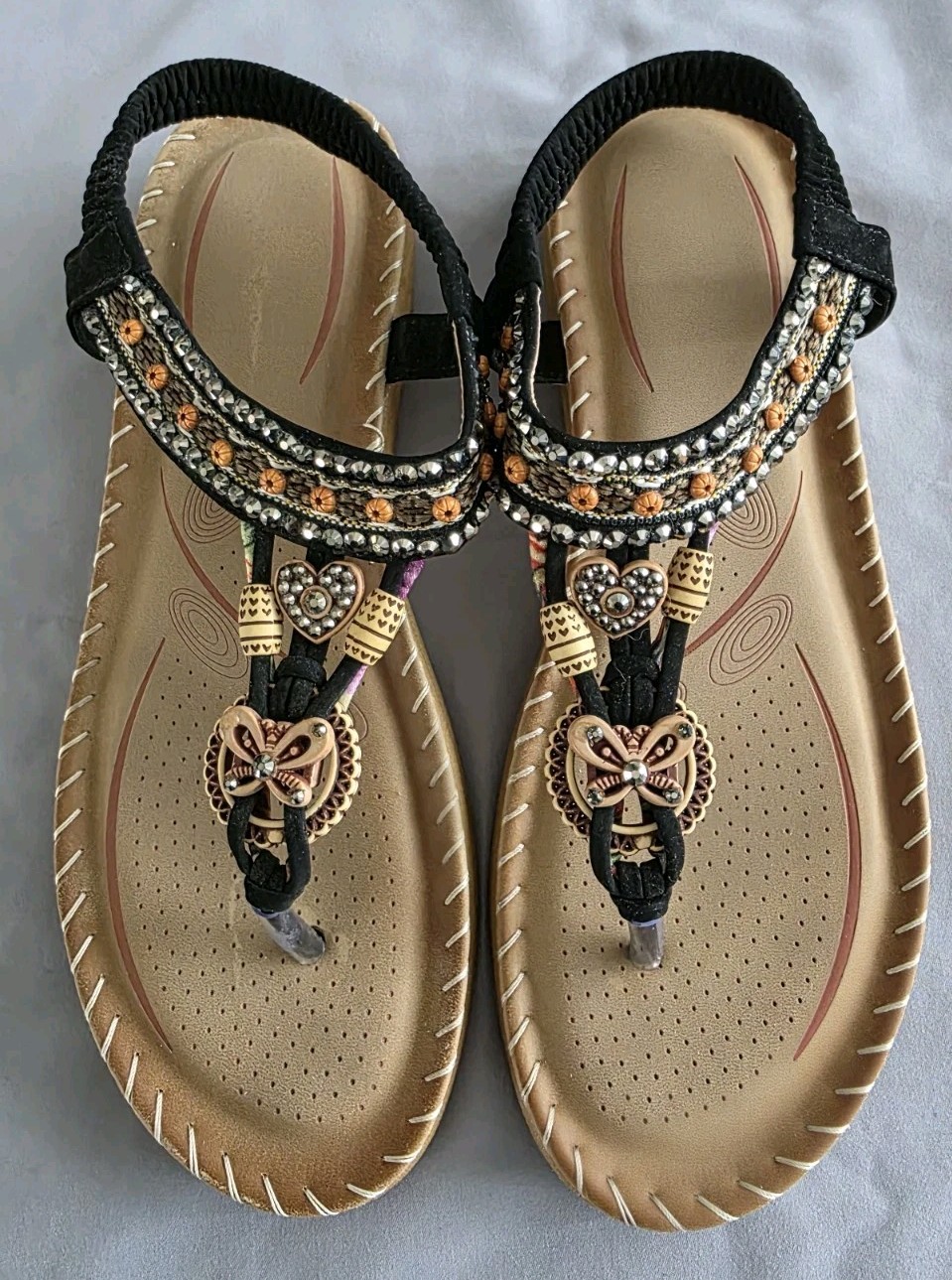 Women’s Size 42 US 9 Bohemian Black Leather Beaded Sandals, Gypsy ￼